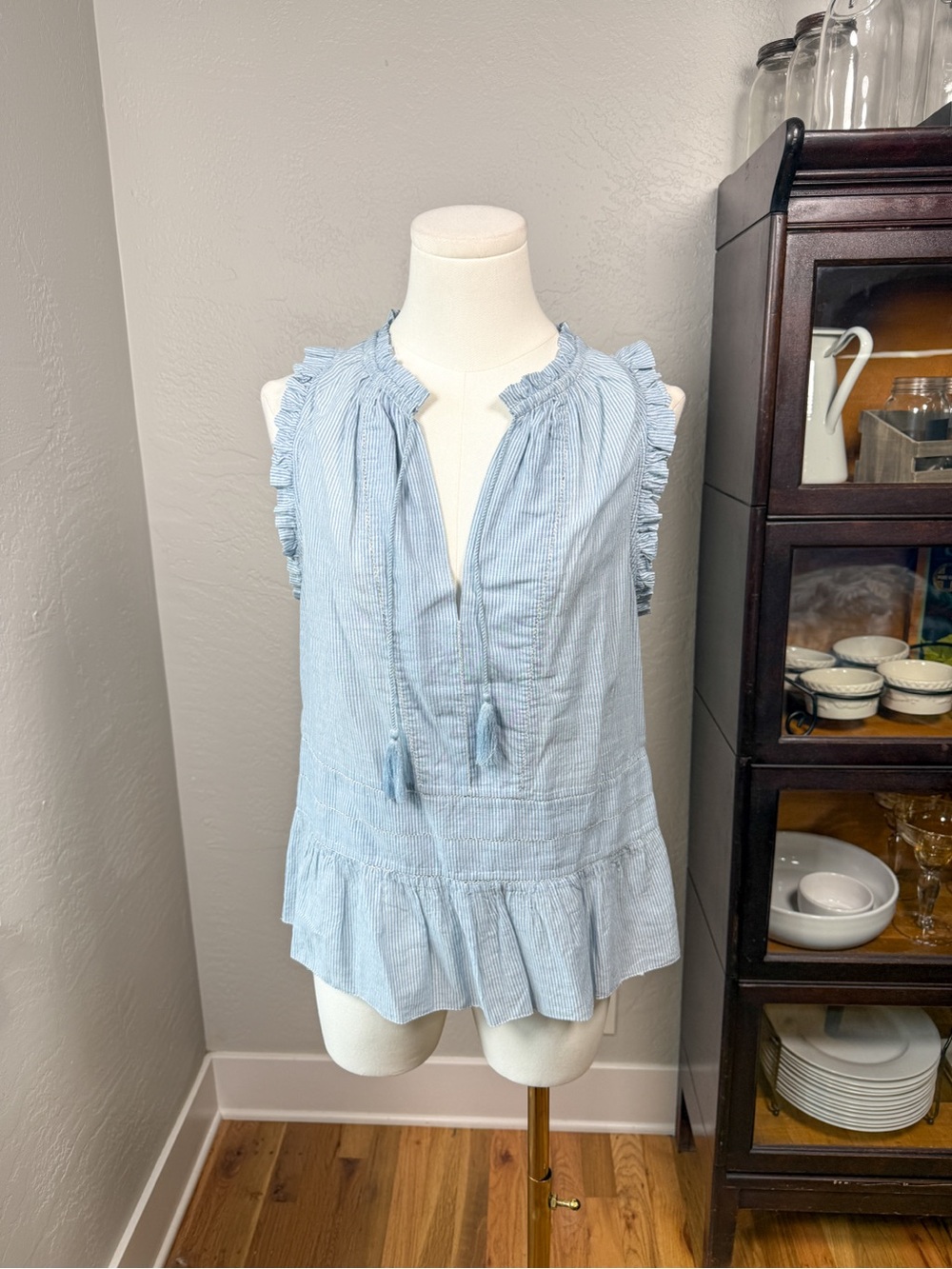 Ulla Johnson Blue White Striped Cotton Ruffle Peplum Tassel Top Size 6
